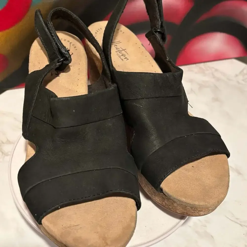 Clarks Annadel Bari wedges cork sandals, Black Nubuck US 8.5